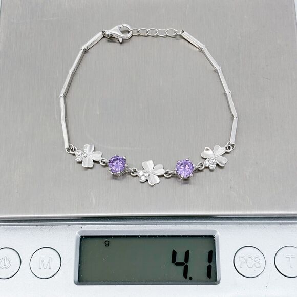 Vintage Sterling Silver 925 Purple Crystal Four Leaf Clover Bracelet 6.25-6.75" - Picture 4 of 4